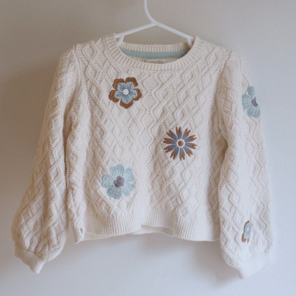 Cynthia Rowley‎ Girls 3T Cream Cable Knit Floral Embroidered Sweater